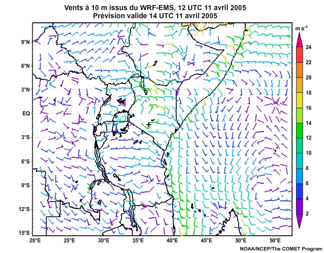 Vecteurs de vent à 10 mètres, prévus par le modèle WRF-EMS à 12 UTC, le 11 avril 2005, prévision valide de 12 à 16 UTC, le 11 avril 2005.