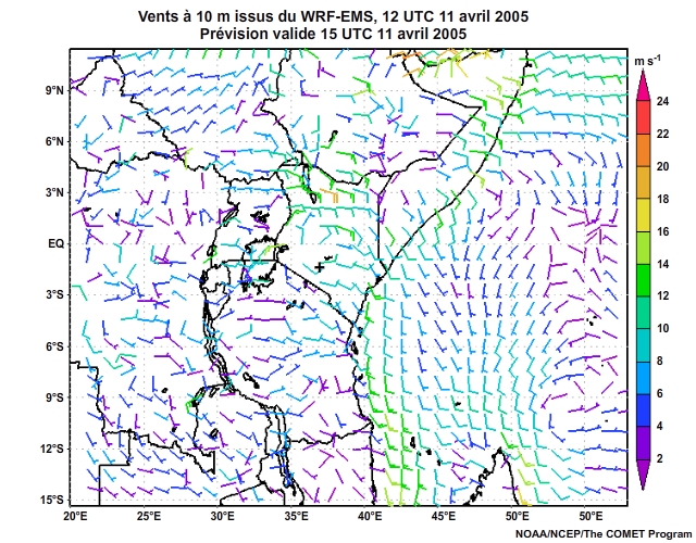 Vecteurs de vent à 10 mètres, prévus par le modèle WRF-EMS à 12 UTC, le 11 avril 2005, prévision valide de 12 à 16 UTC, le 11 avril 2005.