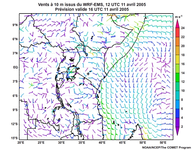 Vecteurs de vent à 10 mètres, prévus par le modèle WRF-EMS à 12 UTC, le 11 avril 2005, prévision valide de 12 à 16 UTC, le 11 avril 2005.