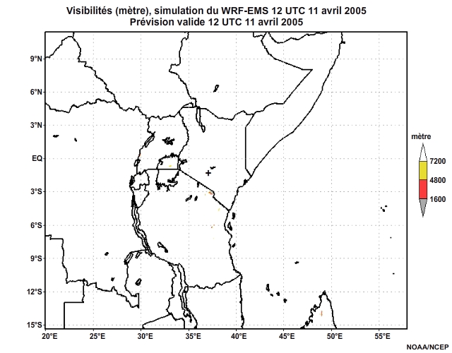 Diagnostic de visibilit (en mtre) issu du modle WRF-EMS, pour l'Afrique orientale, simulation de 12UTC, le 11 avril 2005.  Animation  intervalles d'une heure, finissant  18UTC, le 12 avril 2005.