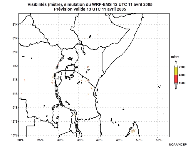 Diagnostic de visibilité (en mètre) issu du modèle WRF-EMS, pour l'Afrique orientale, simulation de 12 UTC, le 11 avril 2005. Animation à intervalles d'une heure, finissant à 18 UTC, le 12 avril 2005.