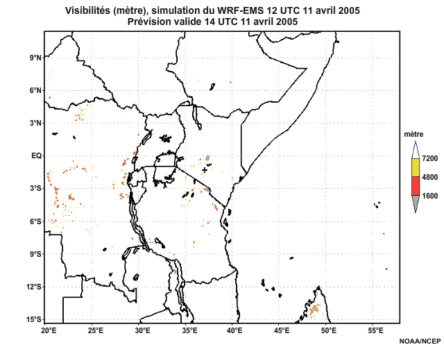 Diagnostic de visibilité (en mètre) issu du modèle WRF-EMS, pour l'Afrique orientale, simulation de 12 UTC, le 11 avril 2005. Animation à intervalles d'une heure, finissant à 18 UTC, le 12 avril 2005.