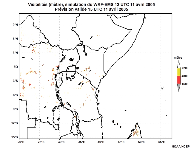 Diagnostic de visibilité (en mètre) issu du modèle WRF-EMS, pour l'Afrique orientale, simulation de 12 UTC, le 11 avril 2005. Animation à intervalles d'une heure, finissant à 18 UTC, le 12 avril 2005.