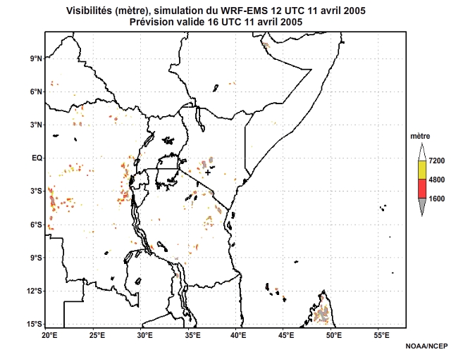 Diagnostic de visibilité (en mètre) issu du modèle WRF-EMS, pour l'Afrique orientale, simulation de 12 UTC, le 11 avril 2005. Animation à intervalles d'une heure, finissant à 18 UTC, le 12 avril 2005.