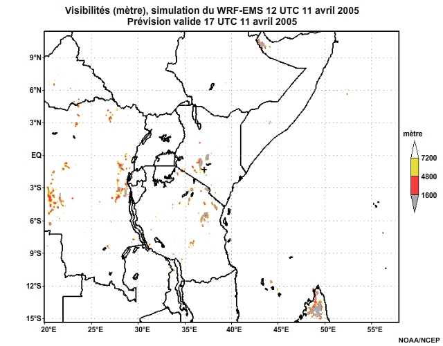 Diagnostic de visibilité (en mètre) issu du modèle WRF-EMS, pour l'Afrique orientale, simulation de 12 UTC, le 11 avril 2005. Animation à intervalles d'une heure, finissant à 18 UTC, le 12 avril 2005.
