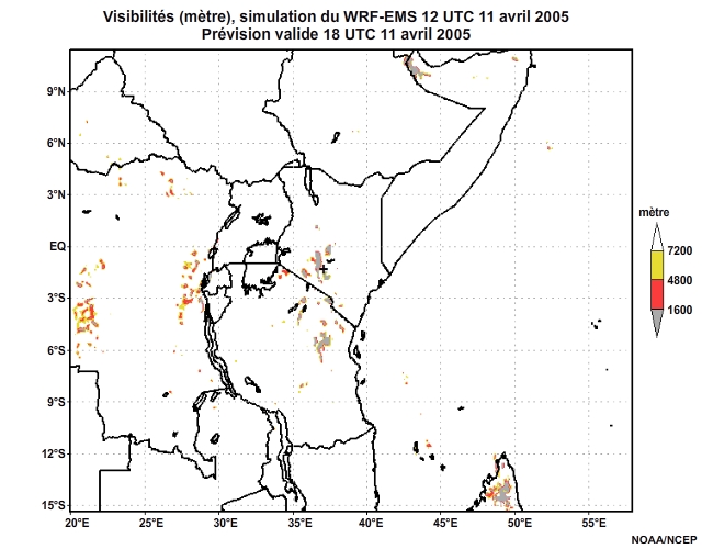 Diagnostic de visibilité (en mètre) issu du modèle WRF-EMS, pour l'Afrique orientale, simulation de 12 UTC, le 11 avril 2005. Animation à intervalles d'une heure, finissant à 18 UTC, le 12 avril 2005.