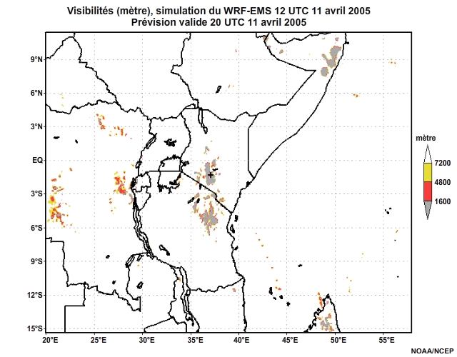 Diagnostic de visibilité (en mètre) issu du modèle WRF-EMS, pour l'Afrique orientale, simulation de 12 UTC, le 11 avril 2005. Animation à intervalles d'une heure, finissant à 18 UTC, le 12 avril 2005.
