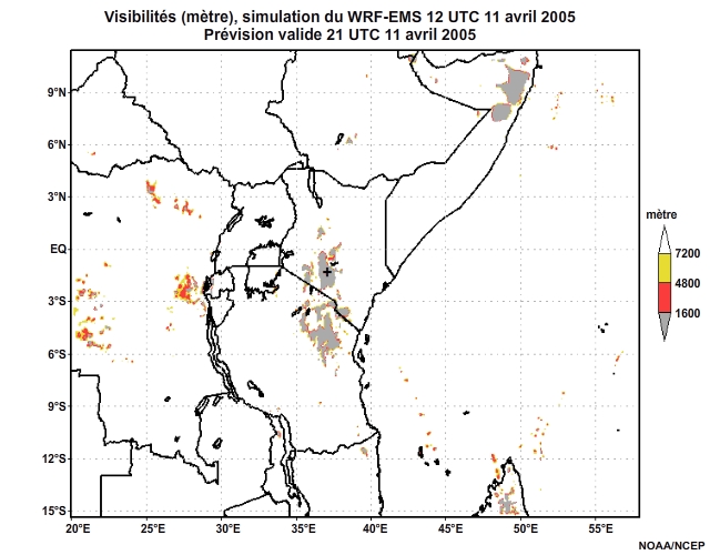 Diagnostic de visibilité (en mètre) issu du modèle WRF-EMS, pour l'Afrique orientale, simulation de 12 UTC, le 11 avril 2005. Animation à intervalles d'une heure, finissant à 18 UTC, le 12 avril 2005.
