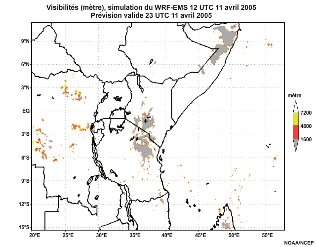 Diagnostic de visibilité (en mètre) issu du modèle WRF-EMS, pour l'Afrique orientale, simulation de 12 UTC, le 11 avril 2005. Animation à intervalles d'une heure, finissant à 18 UTC, le 12 avril 2005.