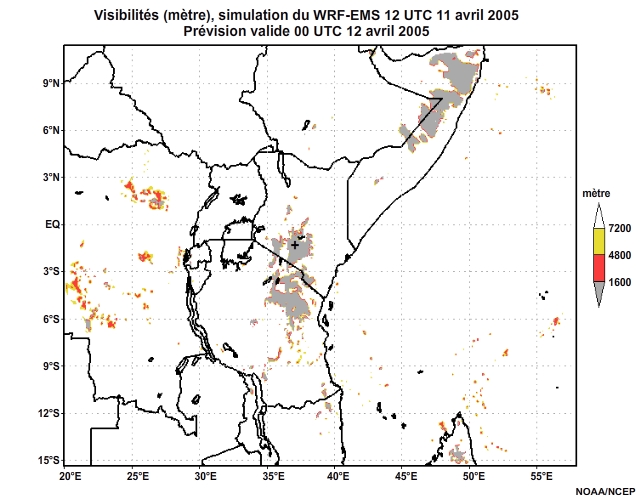 Diagnostic de visibilité (en mètre) issu du modèle WRF-EMS, pour l'Afrique orientale, simulation de 12 UTC, le 11 avril 2005. Animation à intervalles d'une heure, finissant à 18 UTC, le 12 avril 2005.