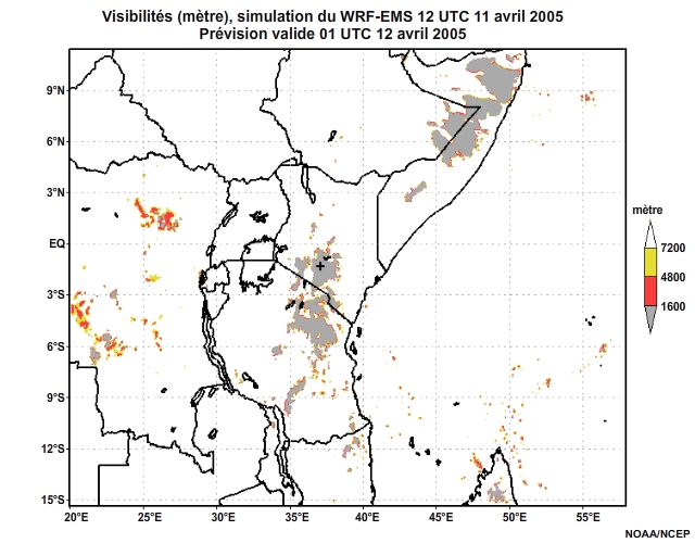 Diagnostic de visibilité (en mètre) issu du modèle WRF-EMS, pour l'Afrique orientale, simulation de 12 UTC, le 11 avril 2005. Animation à intervalles d'une heure, finissant à 18 UTC, le 12 avril 2005.