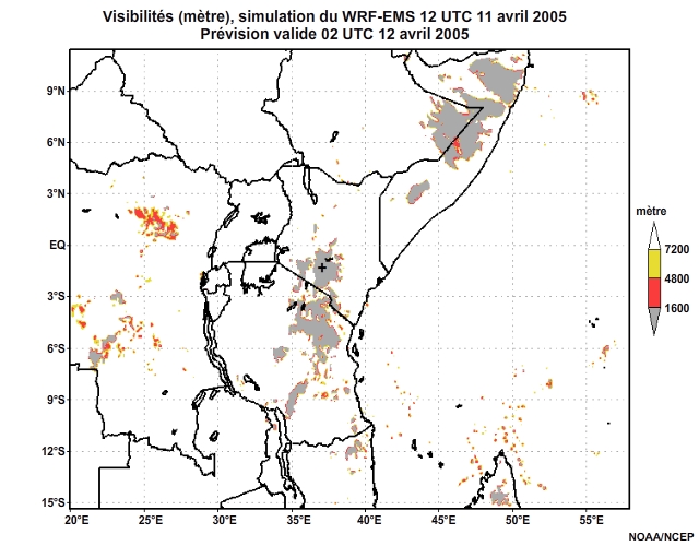Diagnostic de visibilité (en mètre) issu du modèle WRF-EMS, pour l'Afrique orientale, simulation de 12 UTC, le 11 avril 2005. Animation à intervalles d'une heure, finissant à 18 UTC, le 12 avril 2005.