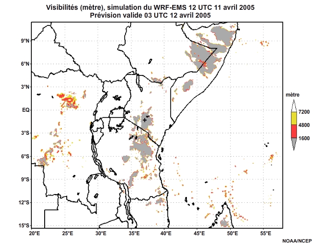 Diagnostic de visibilité (en mètre) issu du modèle WRF-EMS, pour l'Afrique orientale, simulation de 12 UTC, le 11 avril 2005. Animation à intervalles d'une heure, finissant à 18 UTC, le 12 avril 2005.