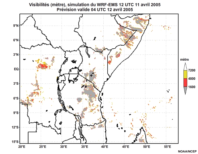 Diagnostic de visibilité (en mètre) issu du modèle WRF-EMS, pour l'Afrique orientale, simulation de 12 UTC, le 11 avril 2005. Animation à intervalles d'une heure, finissant à 18 UTC, le 12 avril 2005.