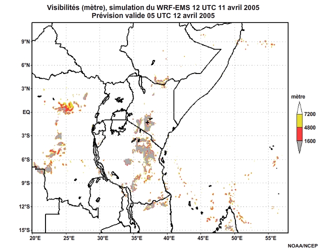 Diagnostic de visibilité (en mètre) issu du modèle WRF-EMS, pour l'Afrique orientale, simulation de 12 UTC, le 11 avril 2005. Animation à intervalles d'une heure, finissant à 18 UTC, le 12 avril 2005.