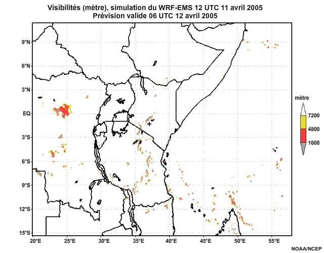 Diagnostic de visibilité (en mètre) issu du modèle WRF-EMS, pour l'Afrique orientale, simulation de 12 UTC, le 11 avril 2005. Animation à intervalles d'une heure, finissant à 18 UTC, le 12 avril 2005.