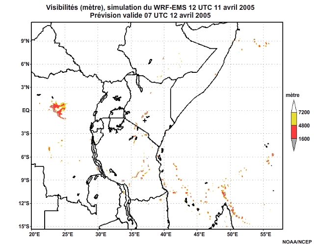 Diagnostic de visibilité (en mètre) issu du modèle WRF-EMS, pour l'Afrique orientale, simulation de 12 UTC, le 11 avril 2005. Animation à intervalles d'une heure, finissant à 18 UTC, le 12 avril 2005.