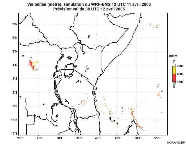 Diagnostic de visibilité (en mètre) issu du modèle WRF-EMS, pour l'Afrique orientale, simulation de 12 UTC, le 11 avril 2005. Animation à intervalles d'une heure, finissant à 18 UTC, le 12 avril 2005.