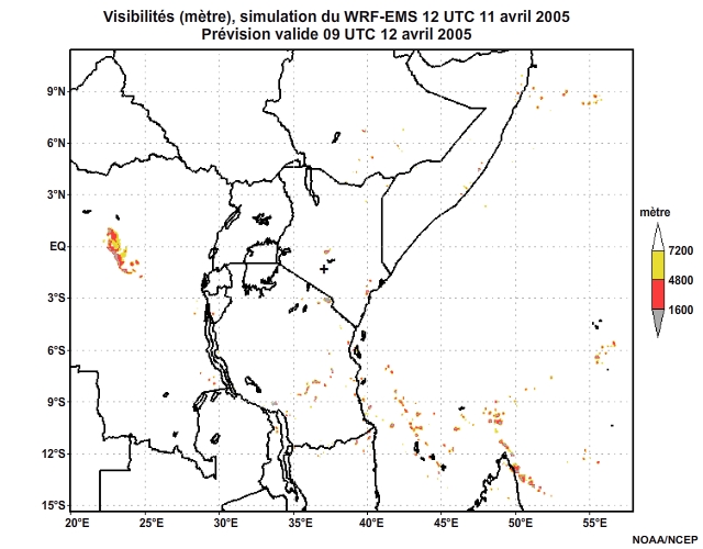 Diagnostic de visibilité (en mètre) issu du modèle WRF-EMS, pour l'Afrique orientale, simulation de 12 UTC, le 11 avril 2005. Animation à intervalles d'une heure, finissant à 18 UTC, le 12 avril 2005.