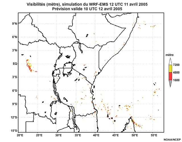 Diagnostic de visibilité (en mètre) issu du modèle WRF-EMS, pour l'Afrique orientale, simulation de 12 UTC, le 11 avril 2005. Animation à intervalles d'une heure, finissant à 18 UTC, le 12 avril 2005.