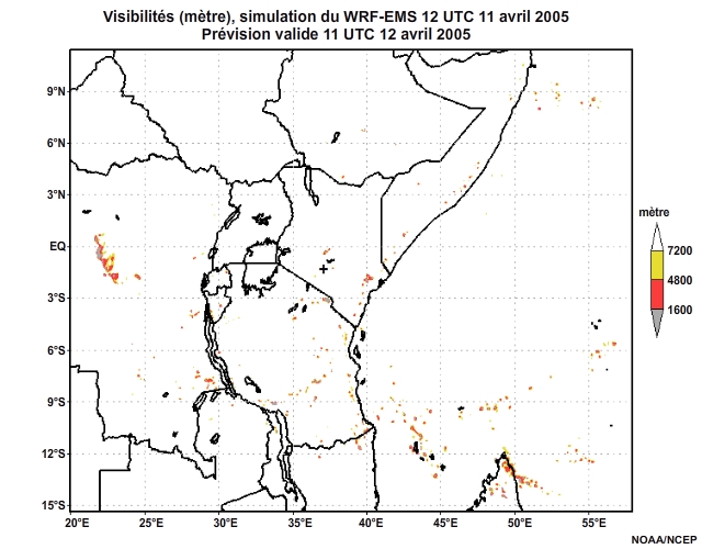 Diagnostic de visibilité (en mètre) issu du modèle WRF-EMS, pour l'Afrique orientale, simulation de 12 UTC, le 11 avril 2005. Animation à intervalles d'une heure, finissant à 18 UTC, le 12 avril 2005.