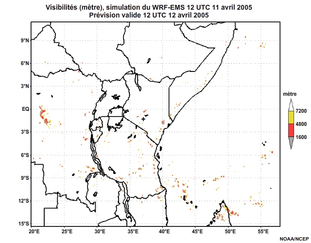 Diagnostic de visibilité (en mètre) issu du modèle WRF-EMS, pour l'Afrique orientale, simulation de 12 UTC, le 11 avril 2005. Animation à intervalles d'une heure, finissant à 18 UTC, le 12 avril 2005.