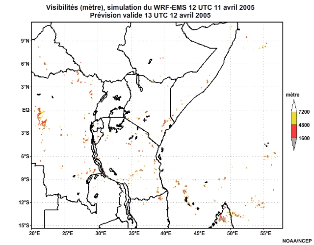 Diagnostic de visibilité (en mètre) issu du modèle WRF-EMS, pour l'Afrique orientale, simulation de 12 UTC, le 11 avril 2005. Animation à intervalles d'une heure, finissant à 18 UTC, le 12 avril 2005.