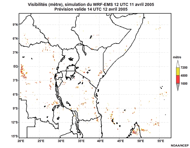 Diagnostic de visibilité (en mètre) issu du modèle WRF-EMS, pour l'Afrique orientale, simulation de 12 UTC, le 11 avril 2005. Animation à intervalles d'une heure, finissant à 18 UTC, le 12 avril 2005.