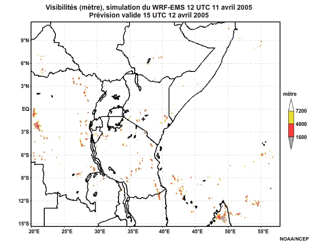 Diagnostic de visibilité (en mètre) issu du modèle WRF-EMS, pour l'Afrique orientale, simulation de 12 UTC, le 11 avril 2005. Animation à intervalles d'une heure, finissant à 18 UTC, le 12 avril 2005.