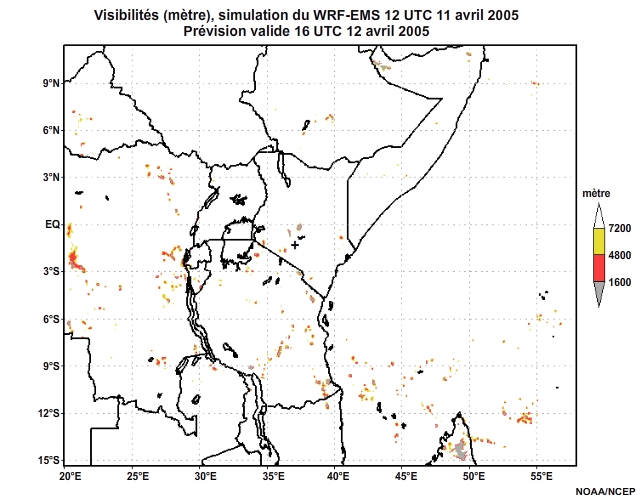 Diagnostic de visibilité (en mètre) issu du modèle WRF-EMS, pour l'Afrique orientale, simulation de 12 UTC, le 11 avril 2005. Animation à intervalles d'une heure, finissant à 18 UTC, le 12 avril 2005.