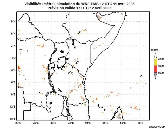 Diagnostic de visibilité (en mètre) issu du modèle WRF-EMS, pour l'Afrique orientale, simulation de 12 UTC, le 11 avril 2005. Animation à intervalles d'une heure, finissant à 18 UTC, le 12 avril 2005.