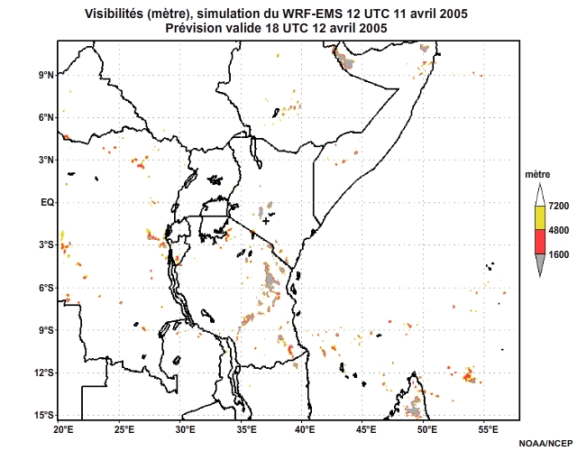 Diagnostic de visibilité (en mètre) issu du modèle WRF-EMS, pour l'Afrique orientale, simulation de 12 UTC, le 11 avril 2005. Animation à intervalles d'une heure, finissant à 18 UTC, le 12 avril 2005.