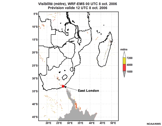 Prvision de visibilit, de 12  30 heures, pour l'Afrique australe, simulation du modle WRF-EMS de 00UTC, le 8 oct. 2006.