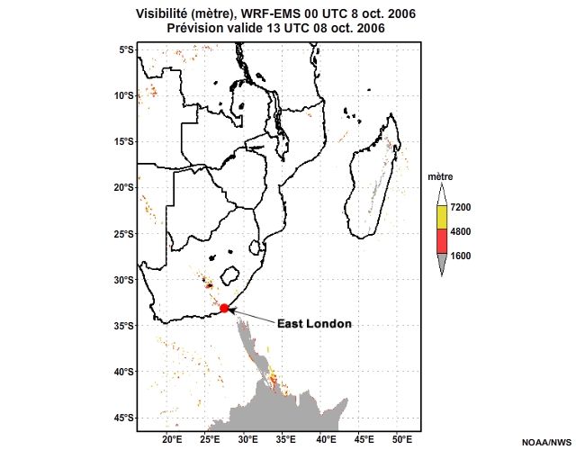 Prévision de visibilité, de 12 à 30 heures, pour l'Afrique australe, simulation du modèle WRF-EMS de 00 UTC, le 8 oct. 2006.