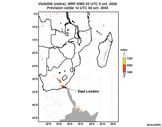 Prévision de visibilité, de 12 à 30 heures, pour l'Afrique australe, simulation du modèle WRF-EMS de 00 UTC, le 8 oct. 2006.