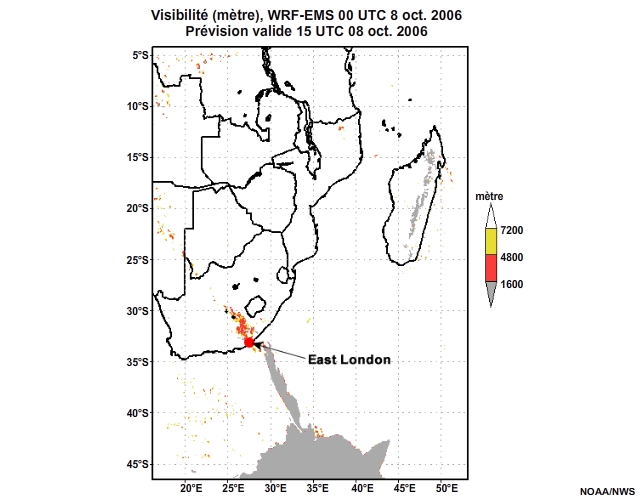 Prévision de visibilité, de 12 à 30 heures, pour l'Afrique australe, simulation du modèle WRF-EMS de 00 UTC, le 8 oct. 2006.