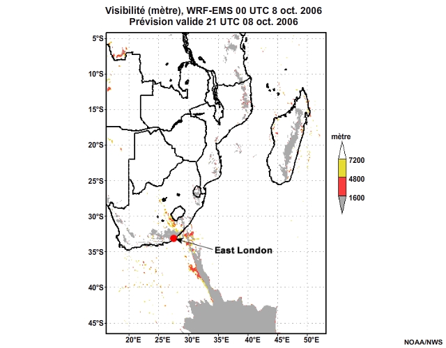 Prévision de visibilité, de 12 à 30 heures, pour l'Afrique australe, simulation du modèle WRF-EMS de 00 UTC, le 8 oct. 2006.