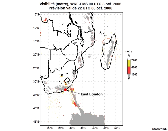 Prévision de visibilité, de 12 à 30 heures, pour l'Afrique australe, simulation du modèle WRF-EMS de 00 UTC, le 8 oct. 2006.