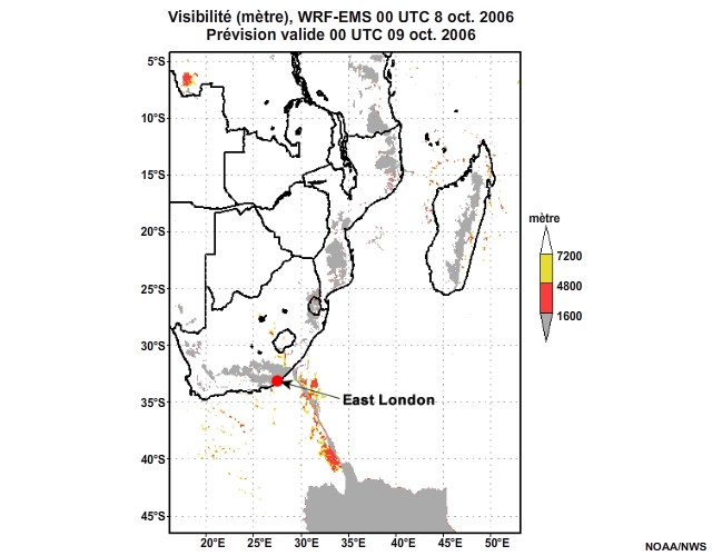 Prévision de visibilité, de 12 à 30 heures, pour l'Afrique australe, simulation du modèle WRF-EMS de 00 UTC, le 8 oct. 2006.