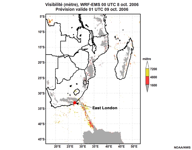 Prévision de visibilité, de 12 à 30 heures, pour l'Afrique australe, simulation du modèle WRF-EMS de 00 UTC, le 8 oct. 2006.