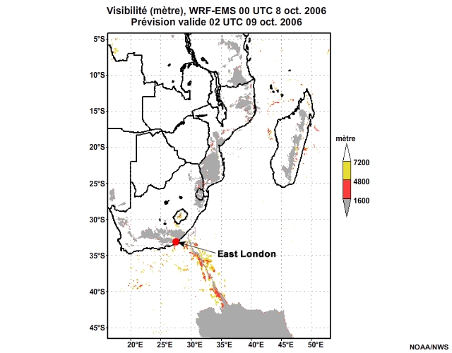 Prévision de visibilité, de 12 à 30 heures, pour l'Afrique australe, simulation du modèle WRF-EMS de 00 UTC, le 8 oct. 2006.