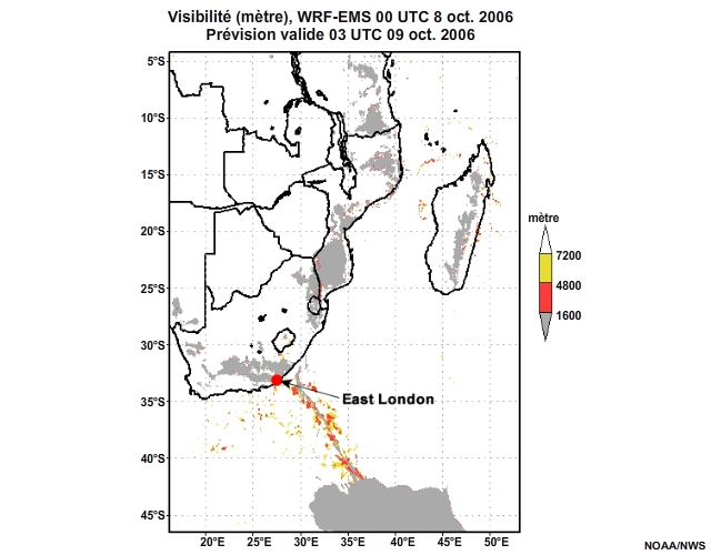 Prévision de visibilité, de 12 à 30 heures, pour l'Afrique australe, simulation du modèle WRF-EMS de 00 UTC, le 8 oct. 2006.