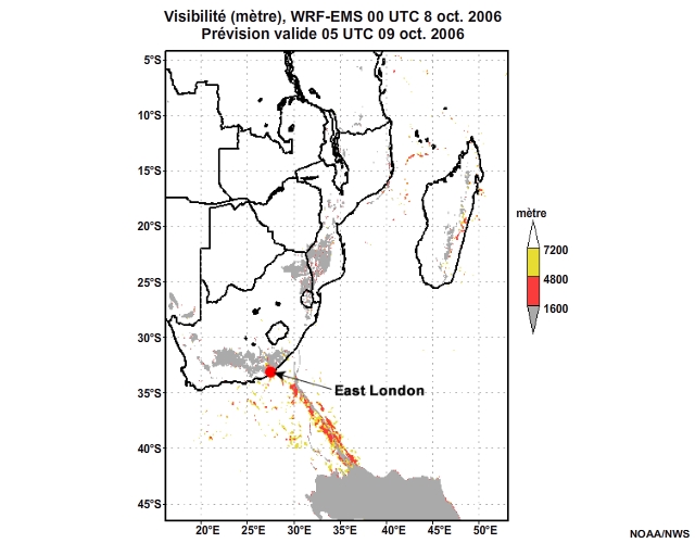 Prévision de visibilité, de 12 à 30 heures, pour l'Afrique australe, simulation du modèle WRF-EMS de 00 UTC, le 8 oct. 2006.