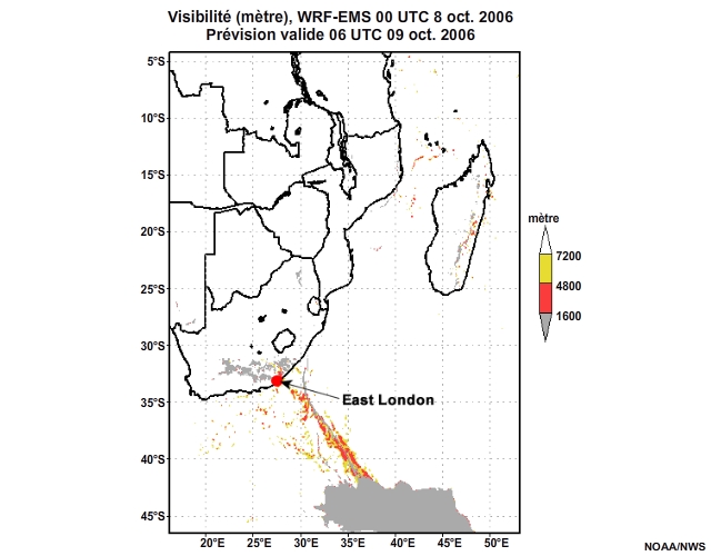 Prévision de visibilité, de 12 à 30 heures, pour l'Afrique australe, simulation du modèle WRF-EMS de 00 UTC, le 8 oct. 2006.