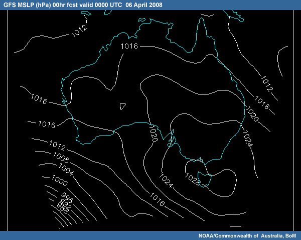 GFS MSLP 00-hour forecast valid at 00UTC 06 April 2008