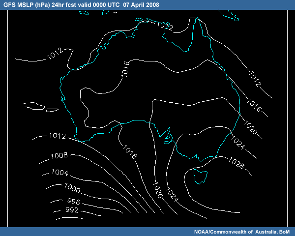 GFS MSLP 24-hour forecast valid at 00UTC 07 April 2008