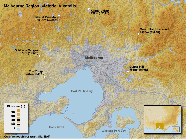 Map of Melbourne, Victoria, Australia showing locations of surrounding high points