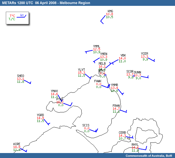 METARs for Melbourne Region at 12UTC on 06 April 2008