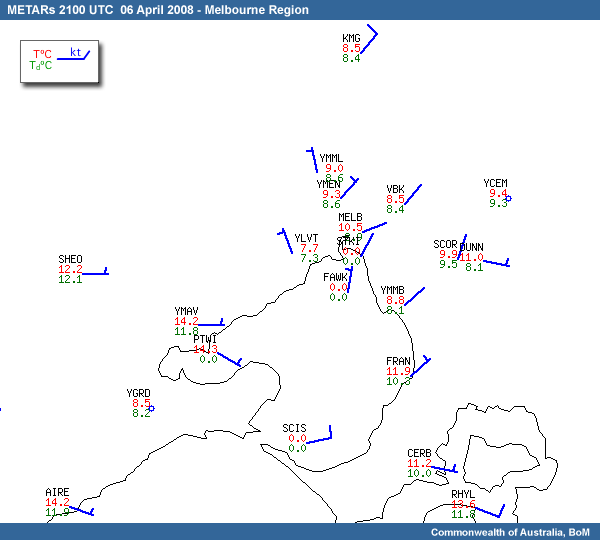 METARs for Melbourne Region at 21UTC on 06 April 2008