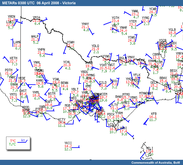 Surface observations for 0300 UTC on 06 April 2008 over Victoria, Australia